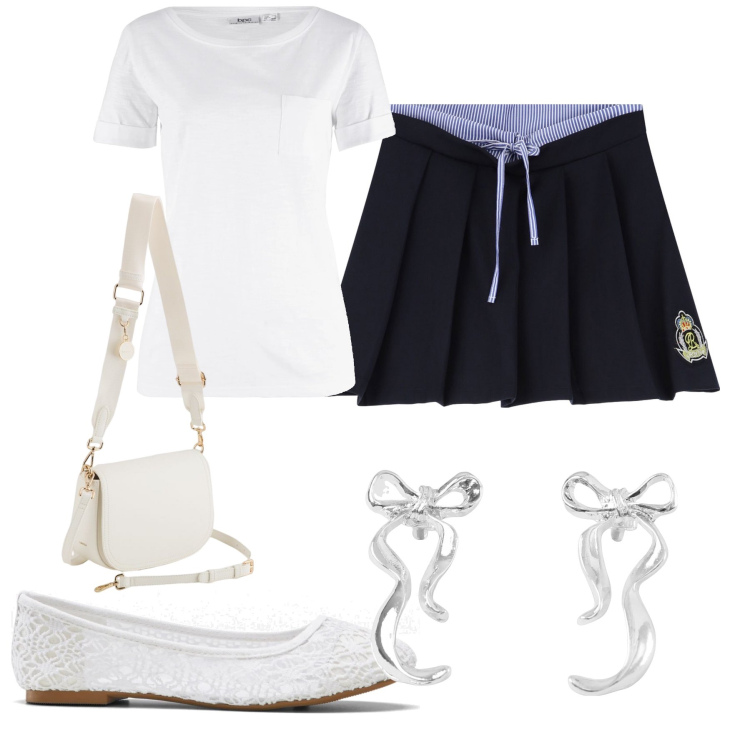 Outfit donna - Fiocchi girlish. Stile Preppy per Tutti i giorni. Abbinamento con t-shirt, ballerine, orecchini, minigonne, borse a tracolla.