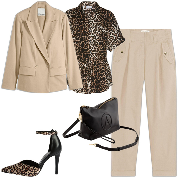 Outfit donna - A lavoro con stile. Stile Casual chic per Ufficio. Abbinamento con pantaloni, camicie a manica corta, blazer, décolleté, valigie.
