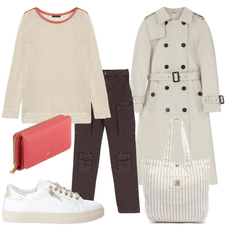 Outfit donna - Total look #2091583. Stile Basic per Tutti i giorni. Abbinamento con sneakers, trench, jeans, maglieria, borse tote, portafogli.