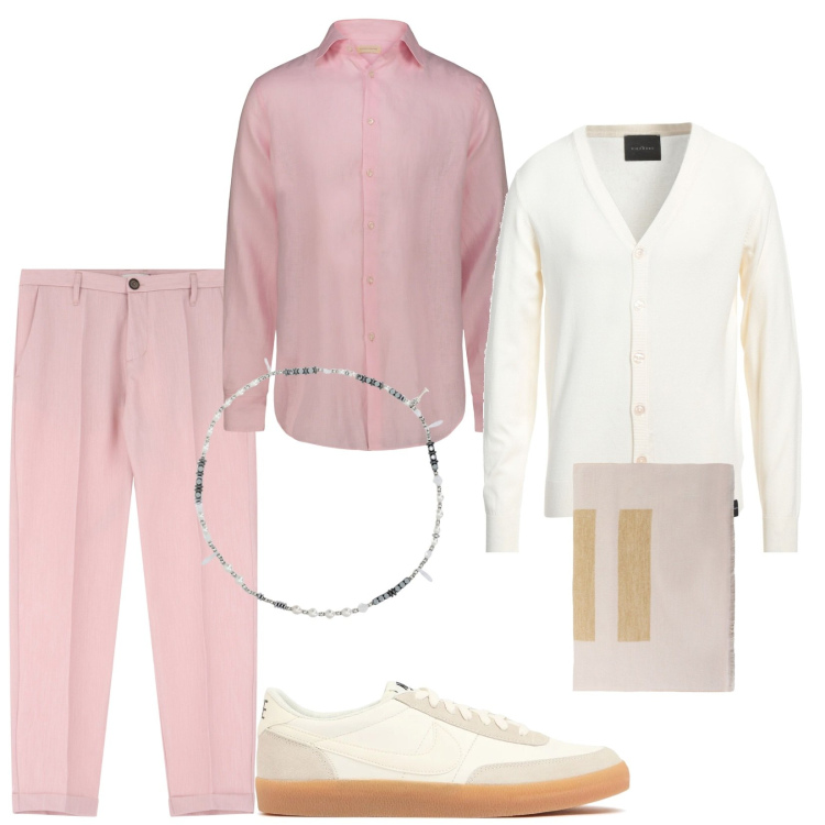 Outfit uomo - Total look #2091586. Stile Trendy per Serata speciale. Abbinamento con cardigans, pantaloni, sciarpe e foulard, collane, camicie, sneakers.