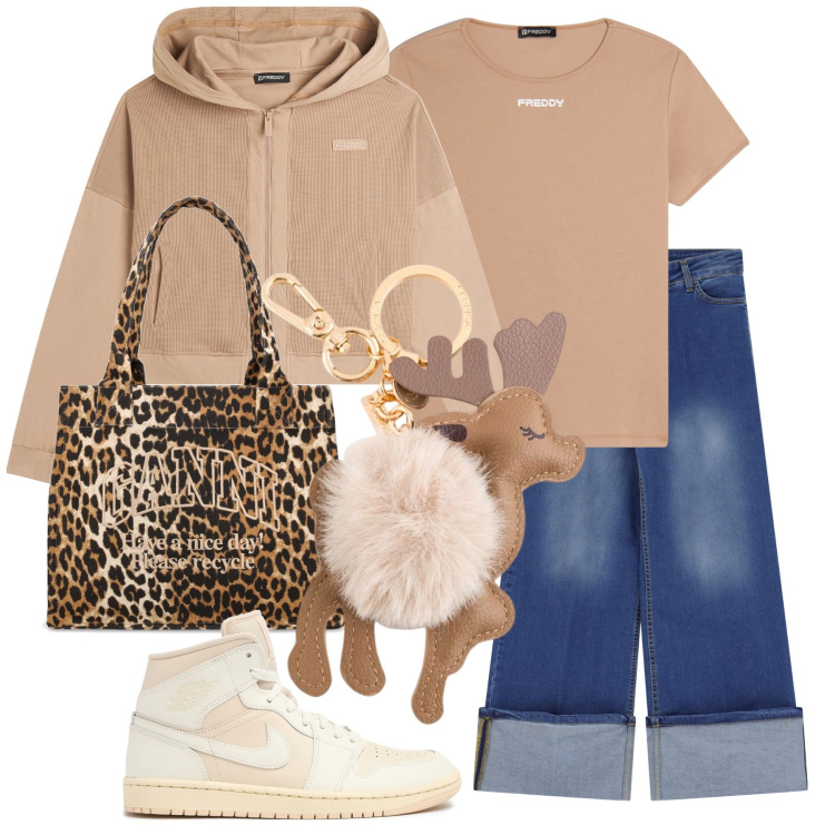 Outfit donna - Alce pon pon. Stile Casual per Tutti i giorni. Abbinamento con felpe con cappuccio, t-shirt, jeans dritti, sneakers, portachiavi, shopping bag.