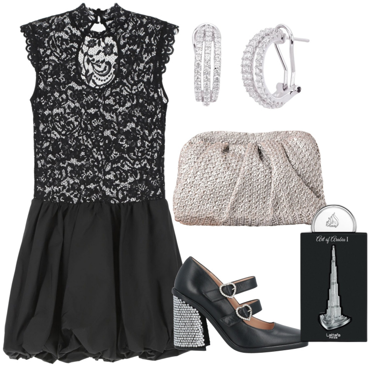 Outfit donna - Serata in corto ma chic. Stile Glamour per Serata fuori. Abbinamento con décolleté, clutch, profumi, orecchini, vestiti corti.