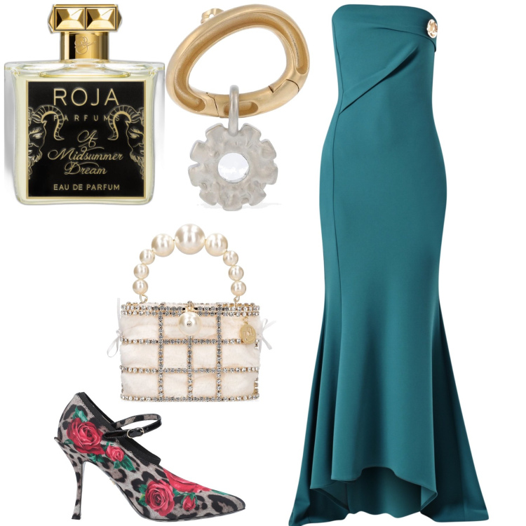 Outfit donna - Abito elegantissimo e accessoriato wow. Stile Glamour per Serata fuori. Abbinamento con décolleté, profumi, vestiti lunghi, orecchini, pochette.