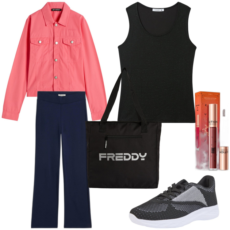 Outfit donna - This morning. Stile Basic per Tutti i giorni. Abbinamento con pantaloni, gloss, sneakers, canottiere, blazer, shopping bag.