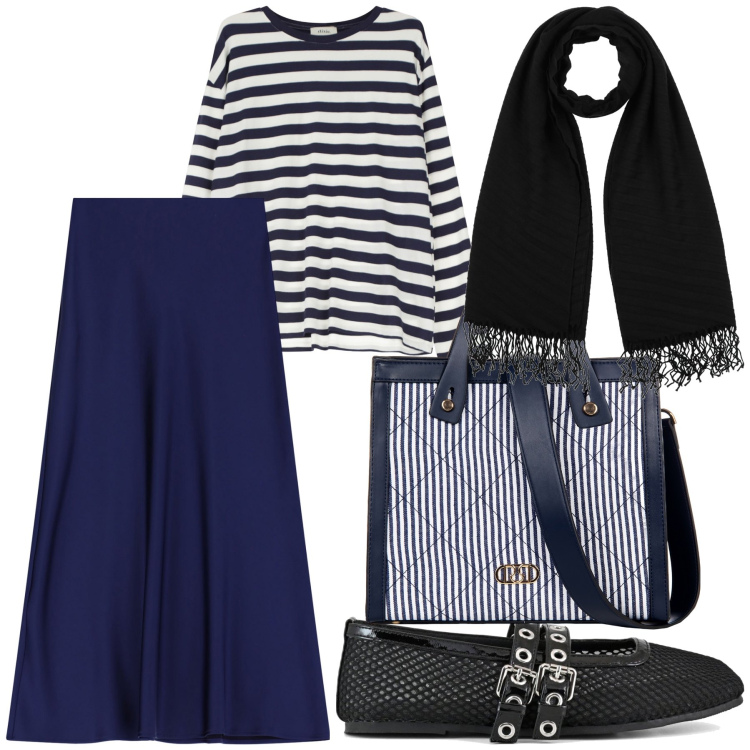 Outfit donna - A righe al bar. Stile Urban per Tutti i giorni. Abbinamento con sciarpe, shopping bag, gonne lunghe, t-shirt, ballerine.