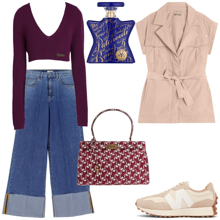 Outfit donna - Trench senza maniche. Stile Casual per Tutti i giorni. Abbinamento con borse a mano, top, profumi, sneakers, trench, jeans.