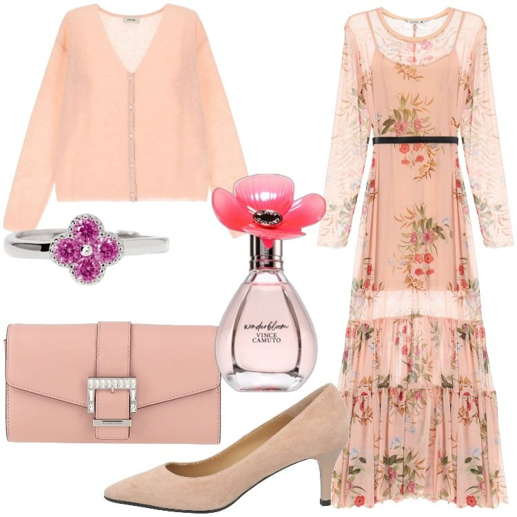 Outfit donna - Primavera in rosa - @susystyle. Stile Romantica per Cerimonia. Abbinamento con borse a mano, décolleté, profumi, anelli, vestiti lunghi, cardigans.