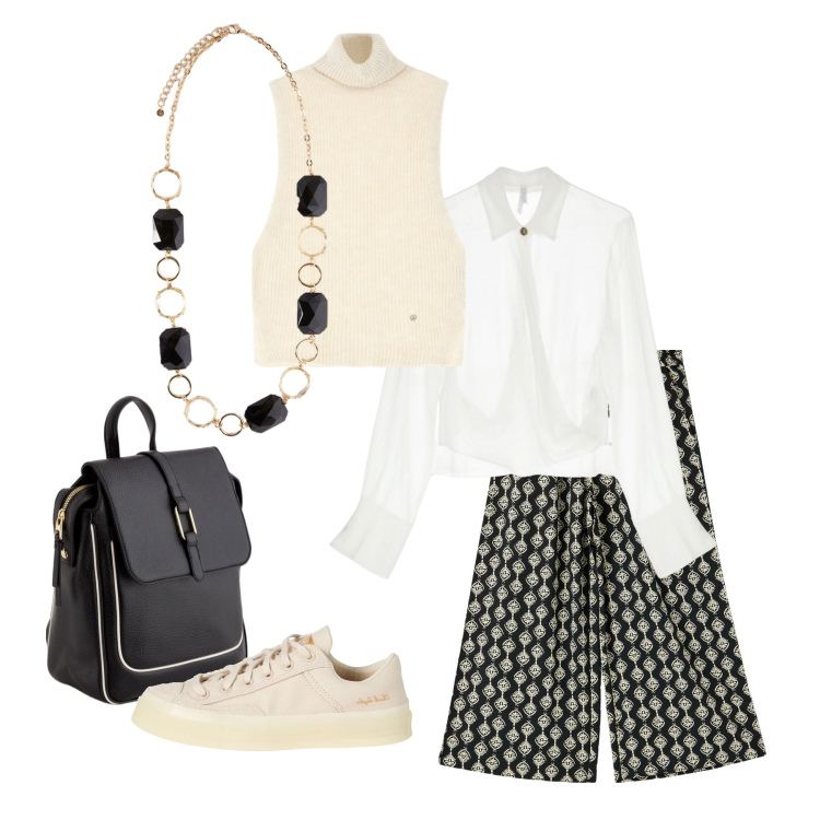 Outfit donna - Comodità e praticità. Stile Casual per Tutti i giorni. Abbinamento con sneakers, pantaloni a palazzo, maglieria, camicie, collane, zaini.