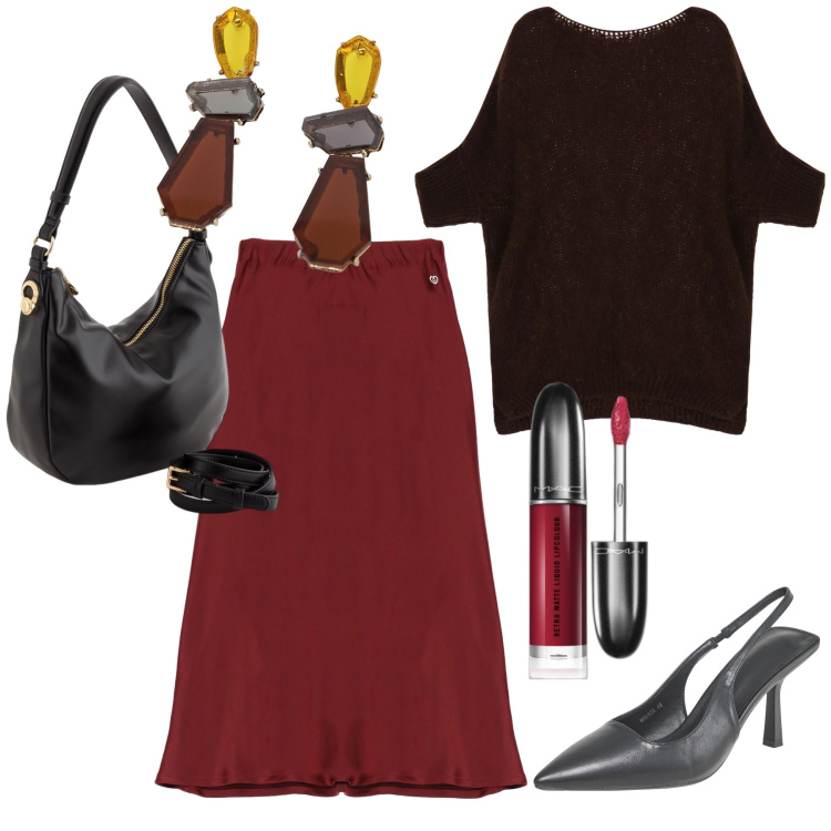Outfit donna - Total look. Stile Urban per Ufficio. Abbinamento con rossetti, décolleté, gonne, pullovers, orecchini, borse a tracolla.