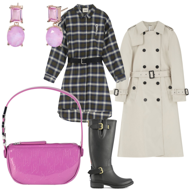 Outfit donna - Un tocco di colore piovoso. Stile Trendy per Tutti i giorni. Abbinamento con borse a mano, orecchini, trench, vestiti chemisier, stivali.