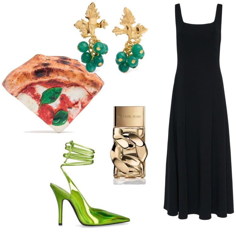 Outfit donna - Solo l abito e’ basic. Stile Glamour per Serata fuori. Abbinamento con profumi, pochette, vestiti midi/longuette, décolleté, orecchini.