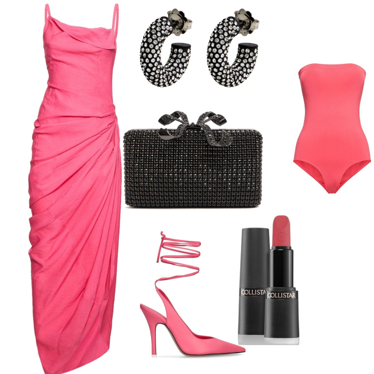 Outfit donna - Fuxia and black. Stile Glamour per Serata fuori. Abbinamento con orecchini, rossetti, vestiti, body, pochette, décolleté.