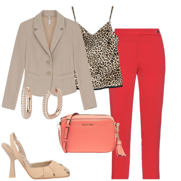 Outfit donna - City. Stile Urban per Tutti i giorni. Abbinamento con pantaloni, décolleté, borse a tracolla, orecchini, blazer, top.