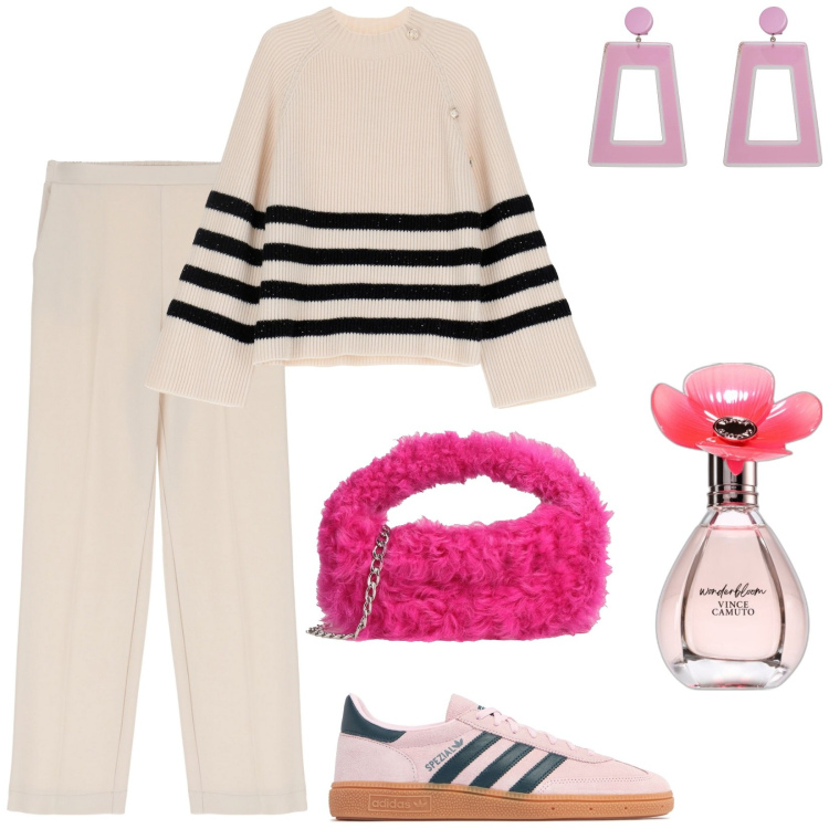Outfit donna - Total look #2091653. Stile Casual per Ufficio. Abbinamento con orecchini, borse a mano, profumi, pantaloni, maglieria, sneakers.