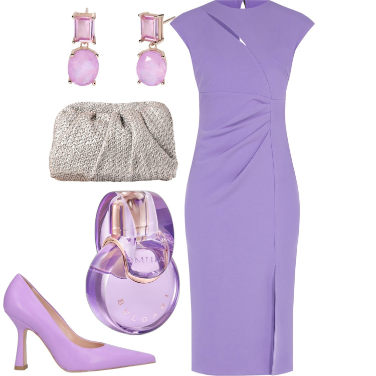 Outfit donna - Il tubino femminile lavanda. Stile Chic per Tutti i giorni. Abbinamento con décolleté, profumi, orecchini, vestiti midi/longuette, clutch.