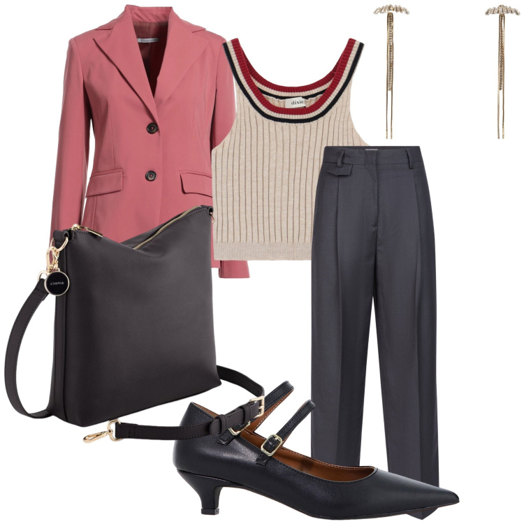 Outfit donna - Pronta per la riunione. Stile Urban per Ufficio. Abbinamento con blazer, orecchini, décolleté, top, pantaloni, borse a tracolla.