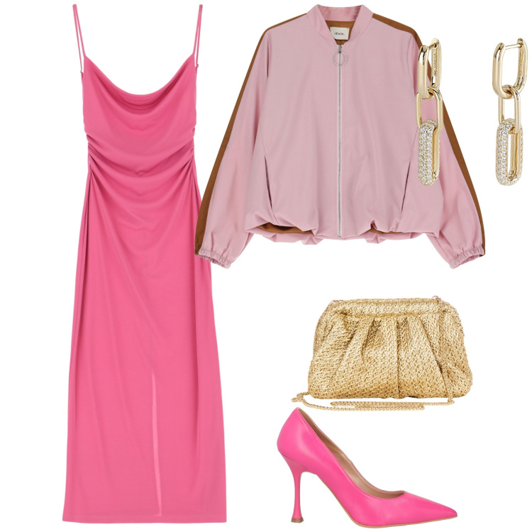 Outfit donna - La cerimonia del prossimo weekend. Stile Glamour per Cerimonia. Abbinamento con décolleté, orecchini, clutch, vestiti, bomber.