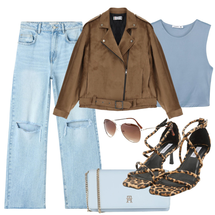 Outfit donna - City. Stile Casual per Tutti i giorni. Abbinamento con occhiali da sole, borse a tracolla, sandali col tacco, jeans strappati, top, blazer.