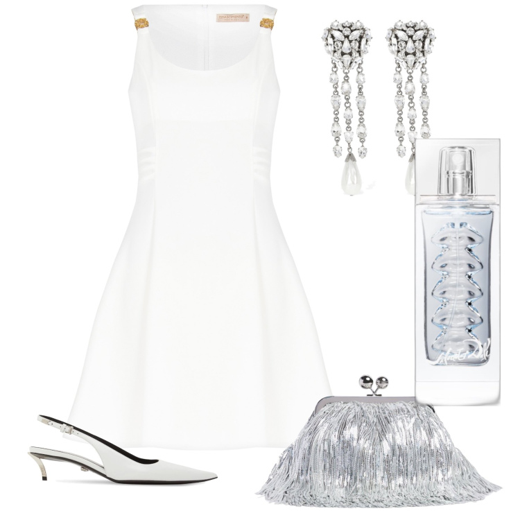 Outfit donna - Sposa in corto. Stile Chic per Cerimonia. Abbinamento con profumi, vestiti, pochette, décolleté, orecchini.