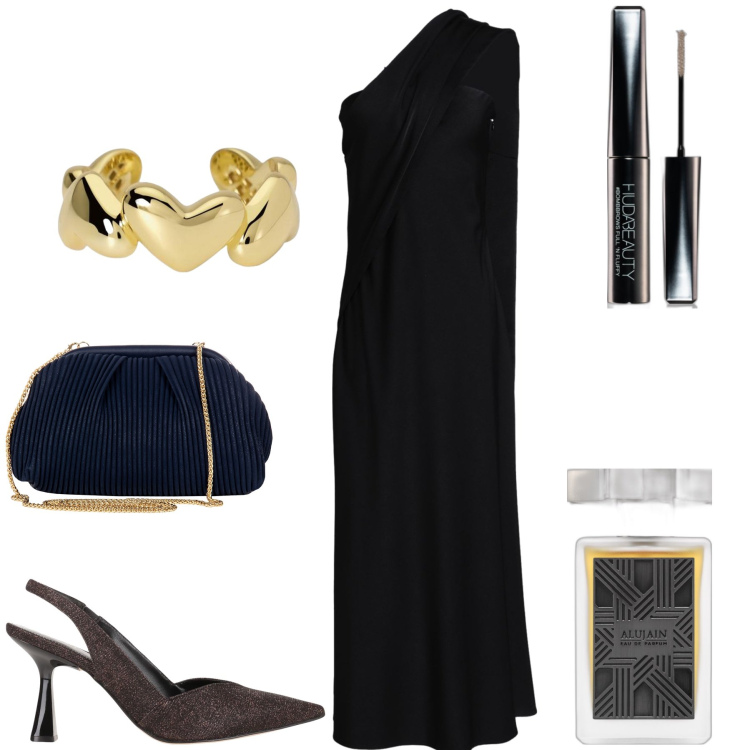 Outfit donna - Love is in the air. Stile Chic per Serata fuori. Abbinamento con vestiti lunghi, décolleté, pochette, mascara, profumi, anelli.