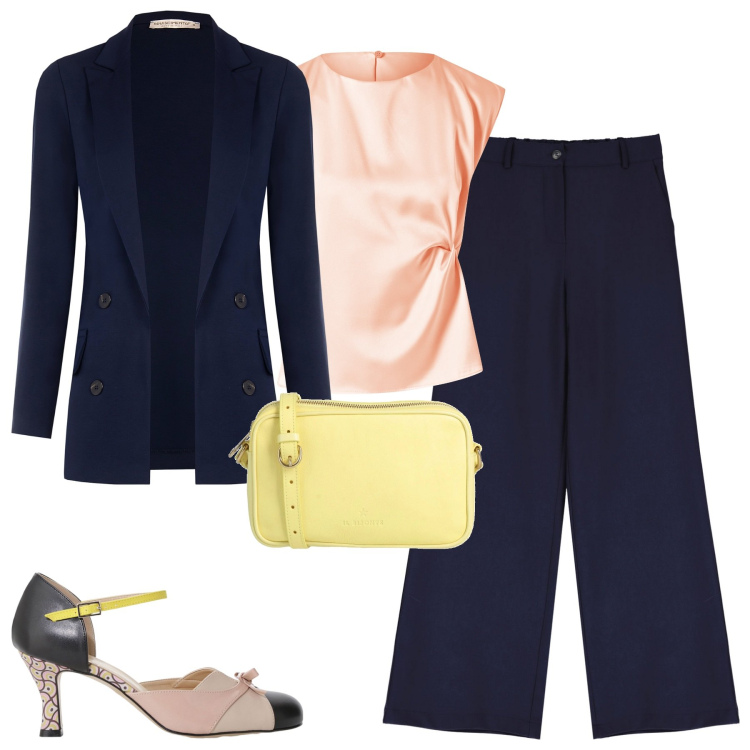 Outfit donna - Urban chic. Stile Urban per Tutti i giorni. Abbinamento con borse a tracolla, top, blazer, pantaloni a palazzo, décolleté.