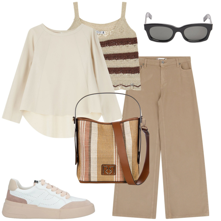 Outfit donna - City. Stile Casual per Tutti i giorni. Abbinamento con sneakers, borse a secchiello, pantaloni, top, felpe, occhiali da sole.