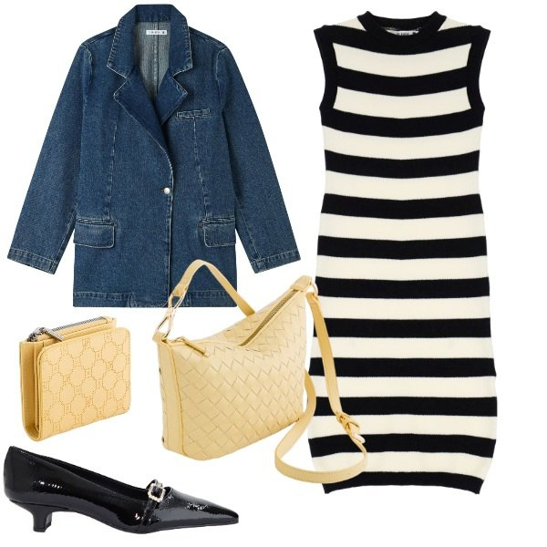 Outfit donna - In jeans -. Stile Casual chic per Tutti i giorni. Abbinamento con blazer, vestiti, ballerine, portafogli, borse a tracolla.