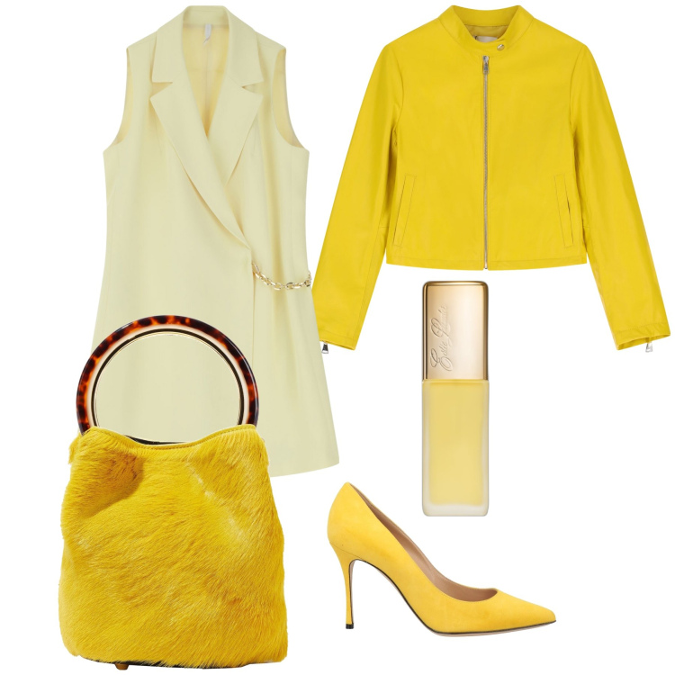 Outfit donna - Yellow. Stile Glamour per Serata fuori. Abbinamento con borse a mano, décolleté, profumi, vestiti corti, giacche.