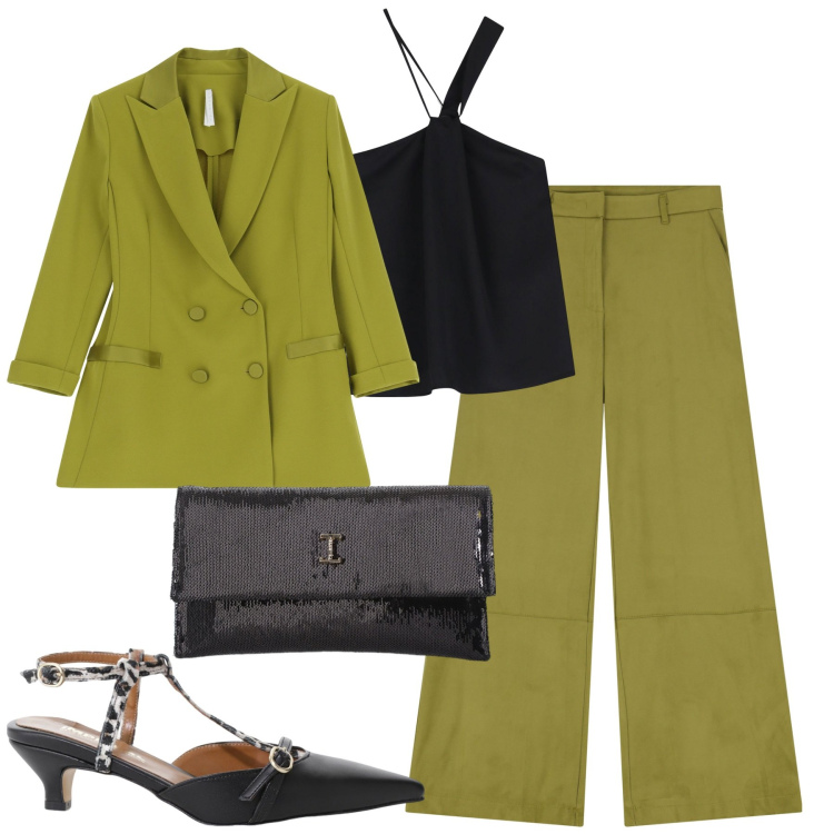 Outfit donna - Green Imperial. Stile Trendy per Tutti i giorni. Abbinamento con décolleté, borse a tracolla, blazer, pantaloni a palazzo, top.