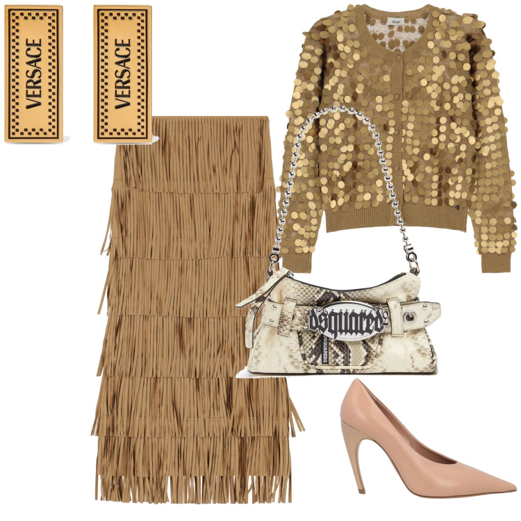 Outfit donna - Frange e paillettes. Stile Glamour per Serata fuori. Abbinamento con décolleté, gonne lunghe, cardigans, orecchini, pochette.