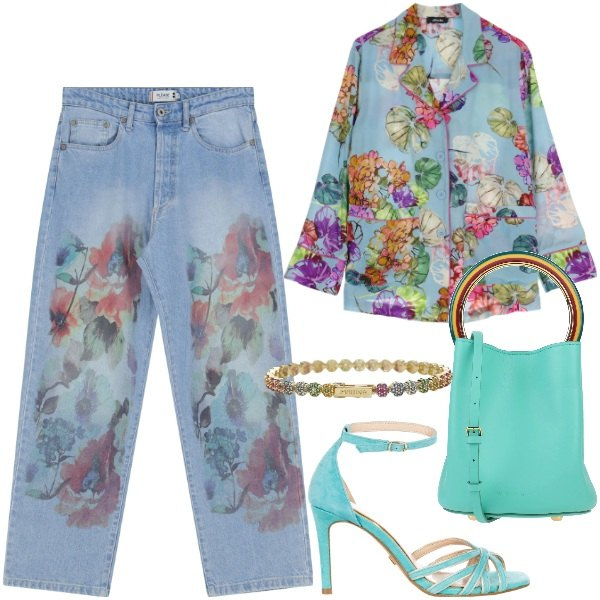 Outfit donna - In jeans. Stile Casual chic per Serata fuori. Abbinamento con borse a mano, braccialetti, sandali col tacco, jeans dritti, camicie.