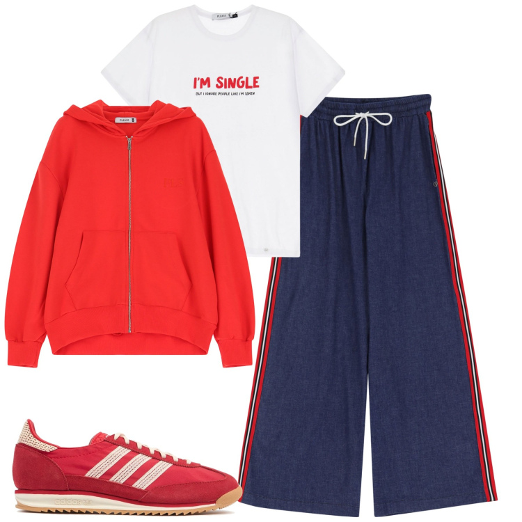 Outfit donna - Casual time. Stile Casual per Tutti i giorni. Abbinamento con t-shirt, pantaloni a palazzo, felpe con cappuccio, sneakers.