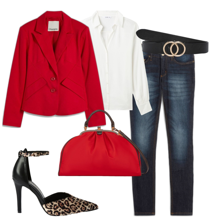 Outfit donna - City. Stile Casual chic per Tutti i giorni. Abbinamento con jeans skinny, blazer, décolleté, camicie, cinture, borse a spalla.