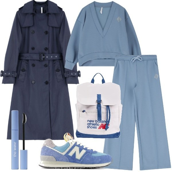 Outfit donna - Il trench versatile. Stile Sporty chic per Tutti i giorni. Abbinamento con mascara, sneakers, zaini, pantaloni, trench, maglieria.