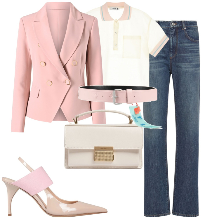 Outfit donna - City. Stile Urban per Tutti i giorni. Abbinamento con décolleté, cinture, blazer, polo, borse a mano, jeans dritti.