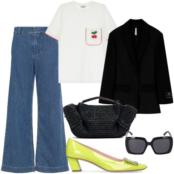 Outfit donna - Perfetta per la primavera. Stile Chic per Tutti i giorni. Abbinamento con blazer, t-shirt, jeans, occhiali da sole, décolleté, borse a mano.