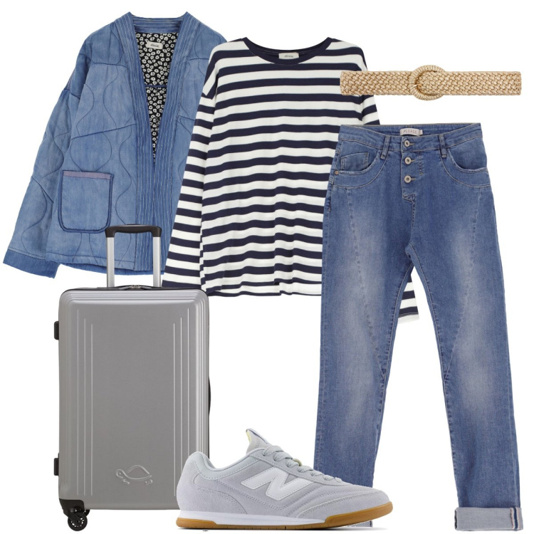 Outfit donna - In jeans - @pamela. Stile Casual per Tutti i giorni. Abbinamento con cinture, sneakers, jeans slim fit, blazer, t-shirt, valigie.