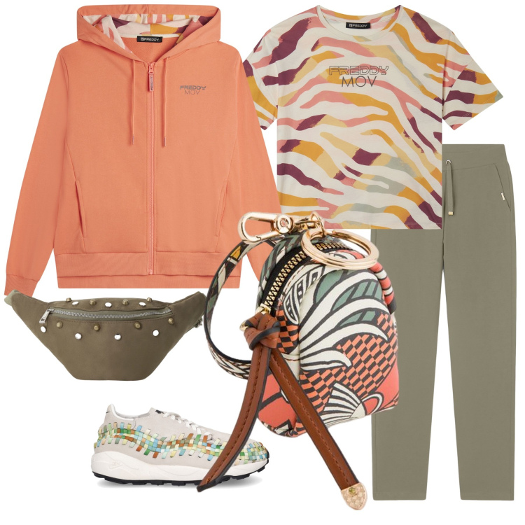 Outfit donna - Portachiavi carpisa. Stile Casual per Tutti i giorni. Abbinamento con pantaloni sportivi, felpe con cappuccio, t-shirt, marsupi, portachiavi, sneakers.