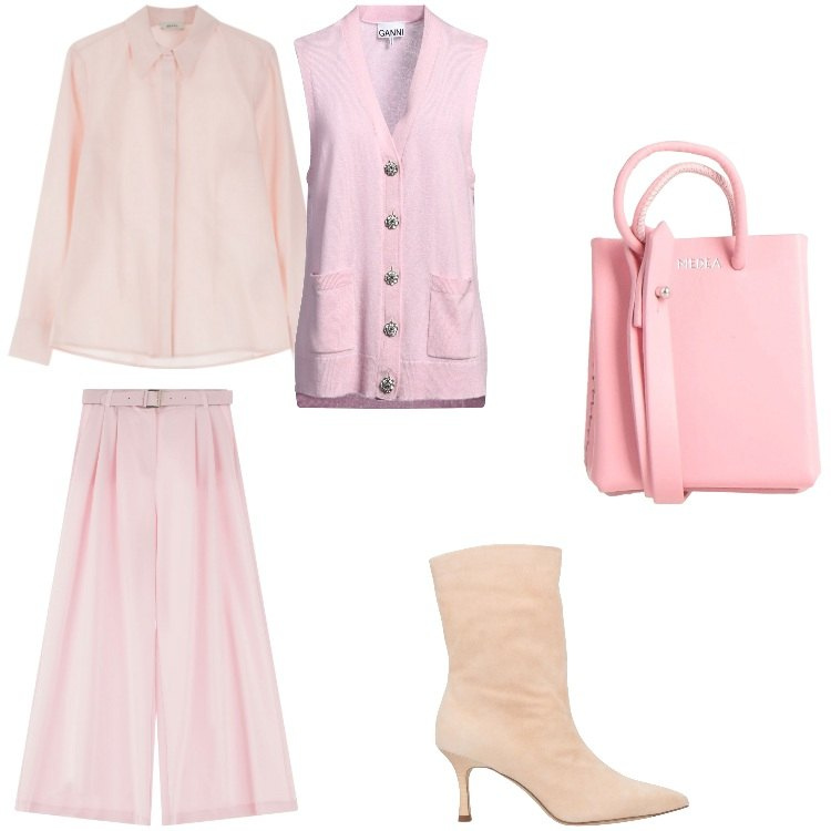 Outfit donna - PRIMAVERA in ROSA. Stile Chic per Tutti i giorni. Abbinamento con stivaletti, cardigans, borse a spalla, pantaloni a palazzo, camicie.