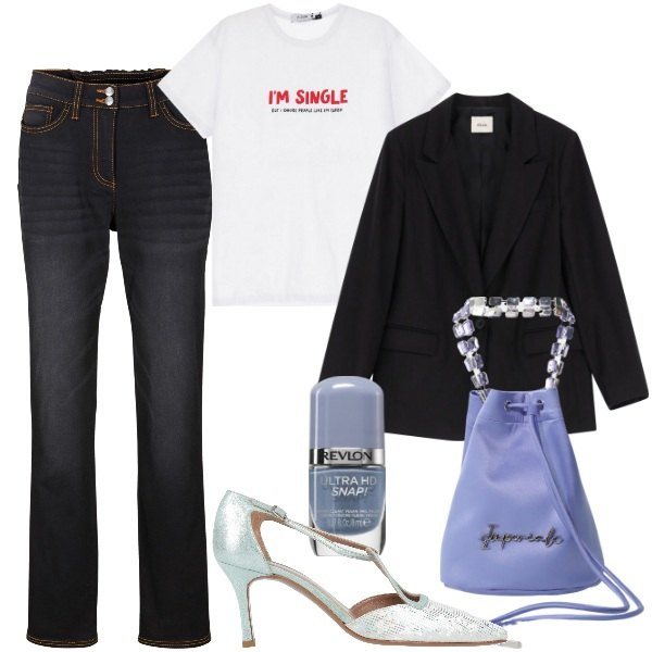 Outfit donna - Perfetta in primavera. Stile Chic per Tutti i giorni. Abbinamento con jeans dritti, décolleté, smalti, t-shirt, borse a secchiello, blazer.