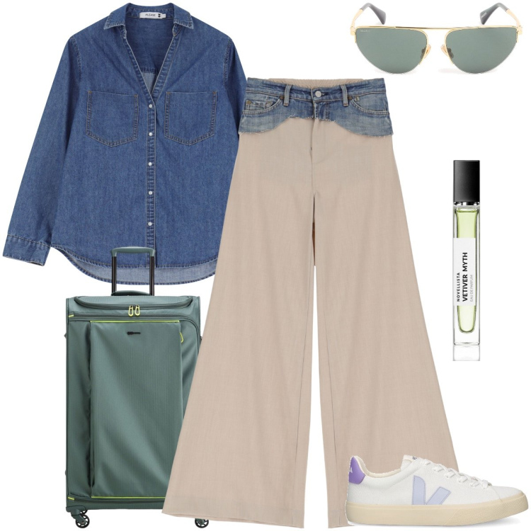 Outfit donna - Dettagli in jeans. Stile Urban per Tutti i giorni. Abbinamento con profumi, camicie, pantaloni, sneakers, occhiali da sole, valigie.