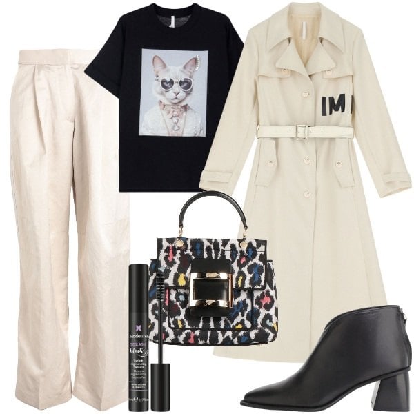 Outfit donna - Il gatto con gli occhiali. Stile Trendy per Tutti i giorni. Abbinamento con pantaloni, borse a mano, mascara, t-shirt, trench, stivaletti.