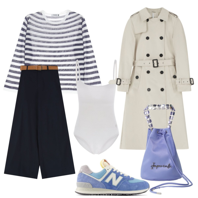 Outfit donna - Nell’armadio il trench è indispensabile. Stile Casual chic per Tutti i giorni. Abbinamento con sneakers, maglieria, borse a secchiello, trench, body, pantaloni.