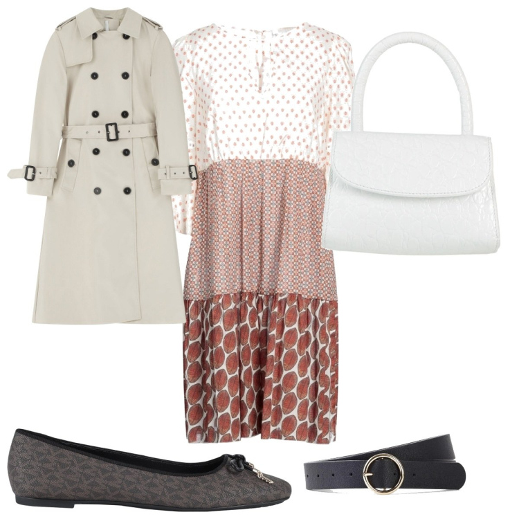 Outfit donna - Total look #2091769. Stile Trendy per Tutti i giorni. Abbinamento con cinture, vestiti corti, borse a mano, ballerine, trench.