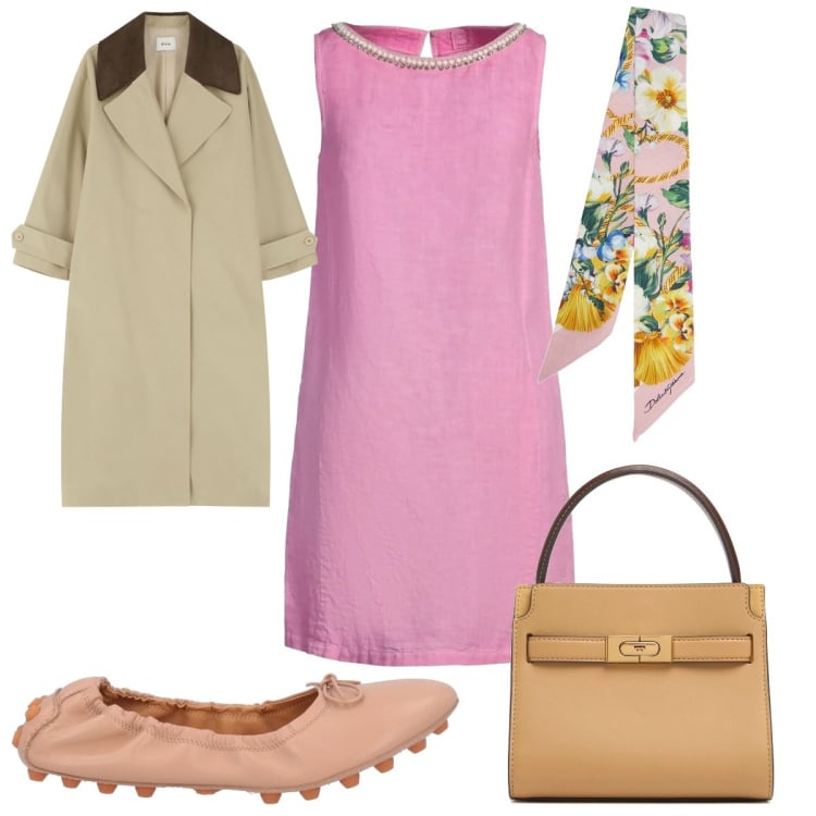 Outfit donna - Total look #2091772. Stile Trendy per Tutti i giorni. Abbinamento con ballerine, vestiti corti, trench, borse a mano, foulard.