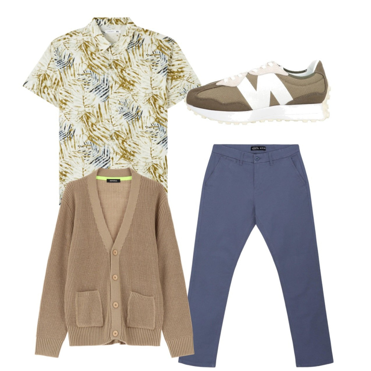 Outfit uomo - City. Stile Casual per Tutti i giorni. Abbinamento con sneakers, camicie a manica corta, pantaloni chino, cardigans.