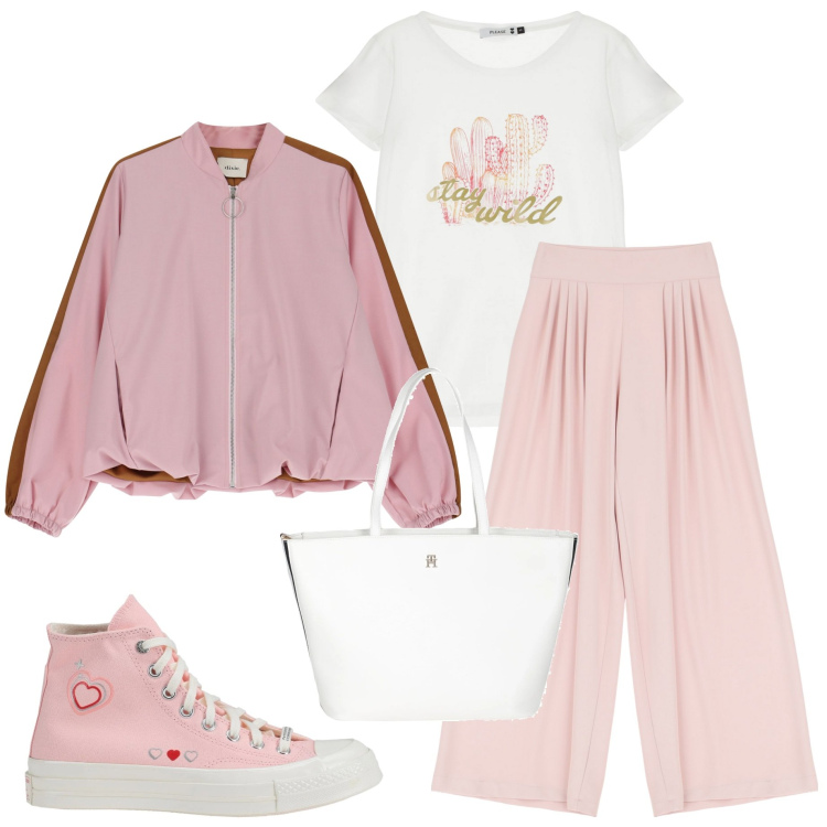 Outfit donna - Rosa in primavera. Stile Casual chic per Scuola/Università. Abbinamento con sneakers alte, borse a mano, t-shirt, pantaloni a palazzo, bomber.