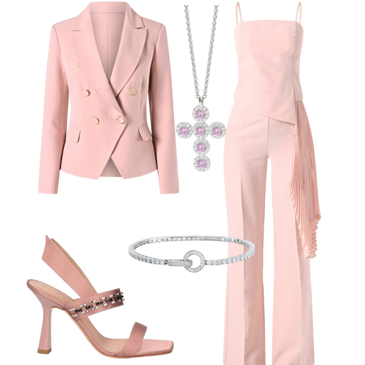 Outfit donna - Primavera in rosa. Stile Chic per Cerimonia. Abbinamento con sandali in pelle, tute, blazer, ciondoli, braccialetti.
