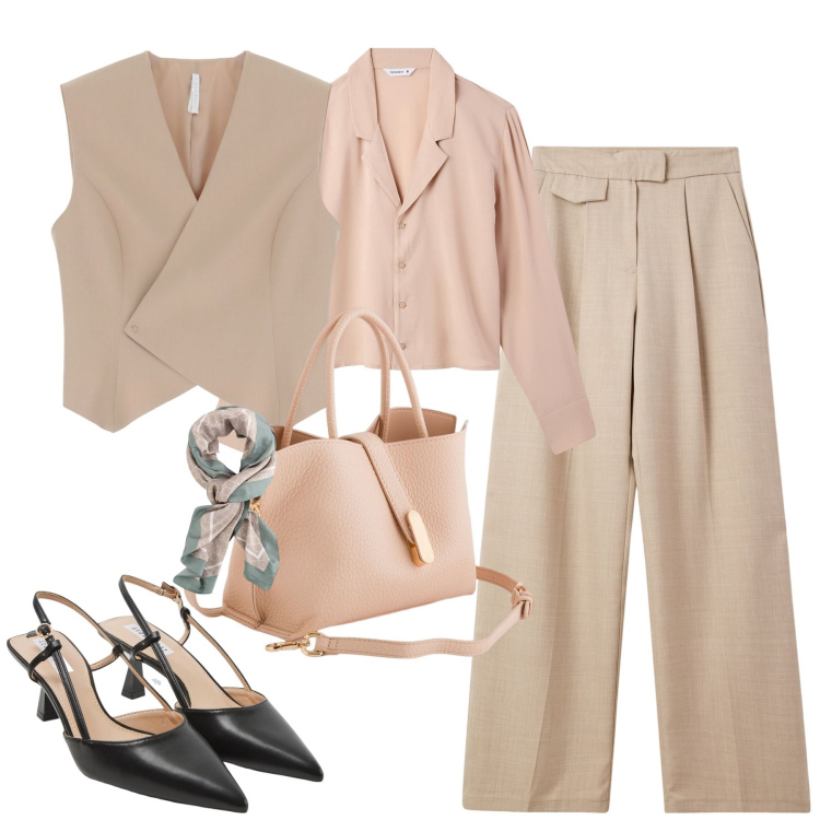 Outfit donna - City. Stile Urban per Tutti i giorni. Abbinamento con camicie, pantaloni, sabot, gilet, borse a mano, foulard.