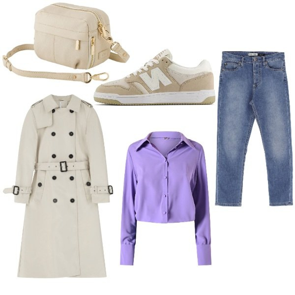Outfit donna - Total look #2091787. Stile Casual per Tutti i giorni. Abbinamento con trench, sneakers, camicie, jeans, borse a tracolla.
